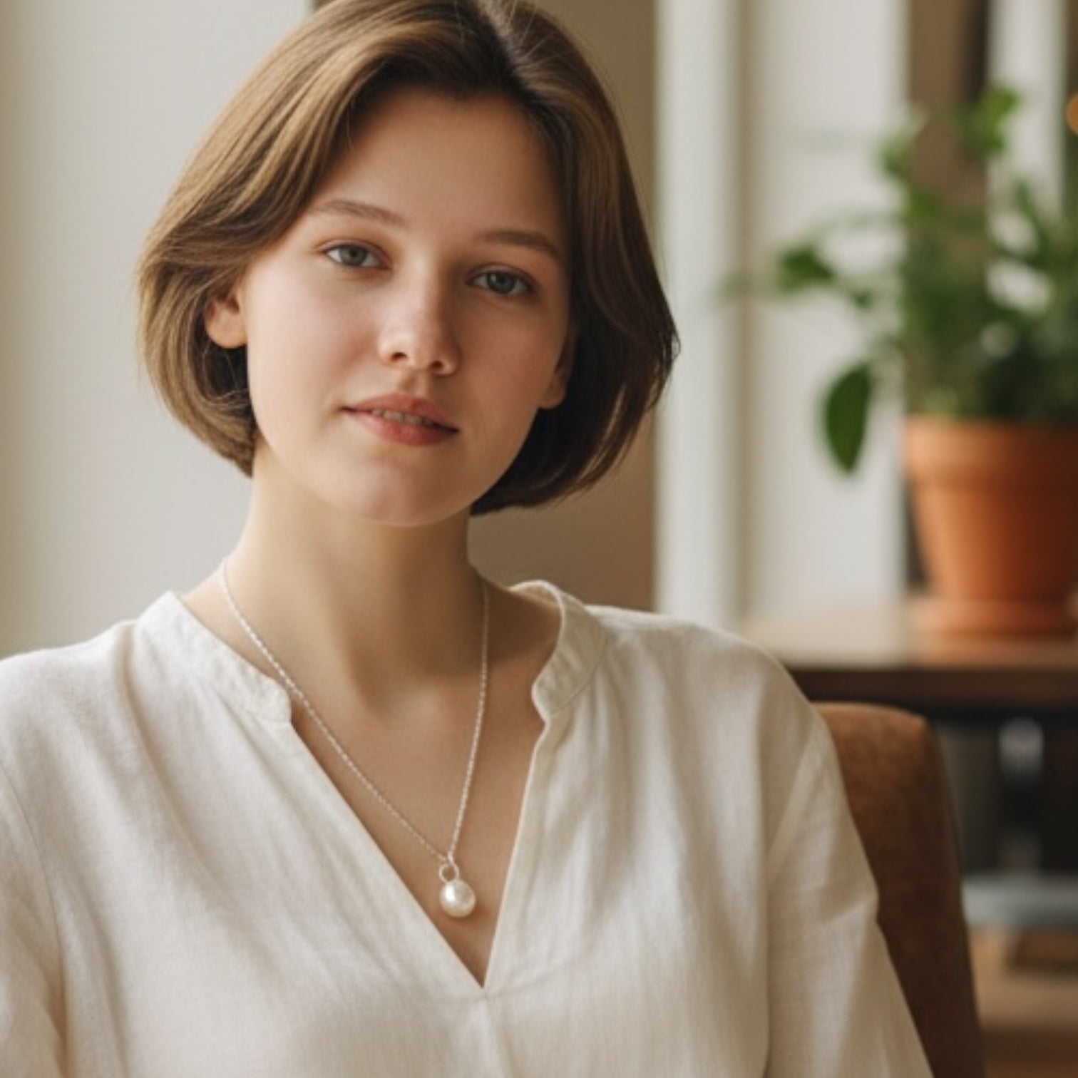 Blakeley Lane Jewelry minimalist necklace featuring a lustrous pearl pendant on a delicate chain worn by a woman.