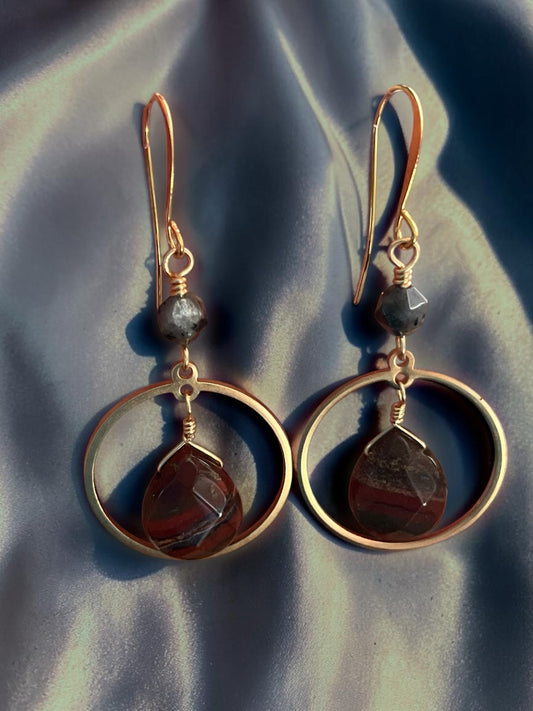 Blakeley Lane Jewelry gold-tone hoop earrings with faceted teardrop mahogany stones and grey bead accents.