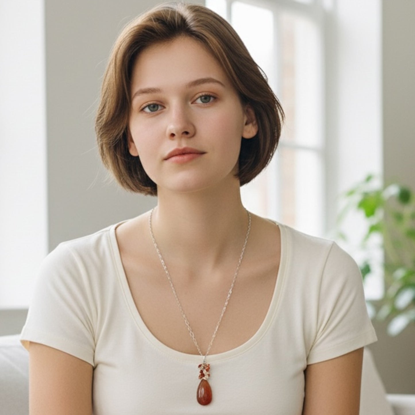 Blakeley Lane Jewelry teardrop gemstone pendant necklace with accent gems on a silver chain worn by a young woman.