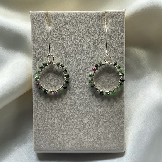 Blakeley Lane Jewelry handcrafted wire hoop earrings with multi-colored tourmaline beads on sterling silver hooks.