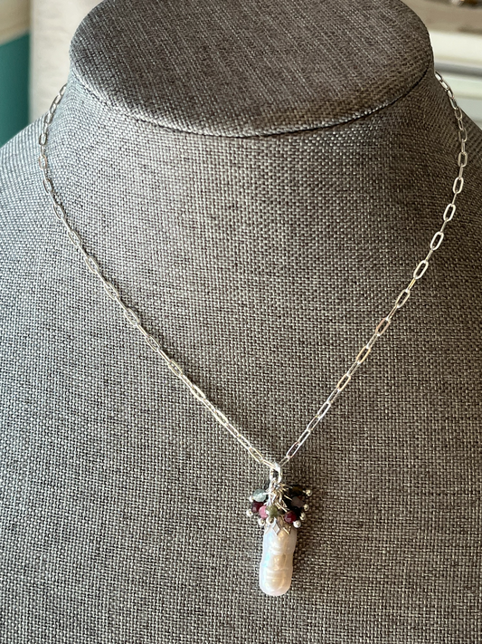 Necklace with a pearl pendant on a sterling silver paperclip chain