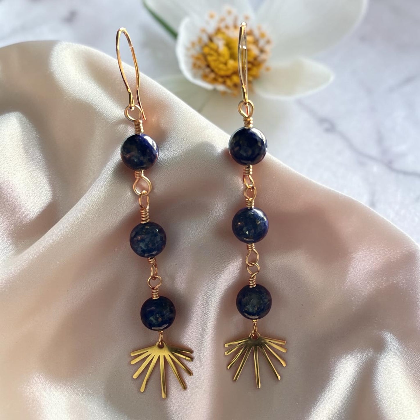 Lapis Wire Wrapped Chain Dangle Earrings
