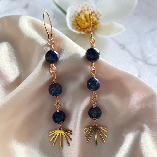 Lapis Wire Wrapped Chain Dangle Earrings