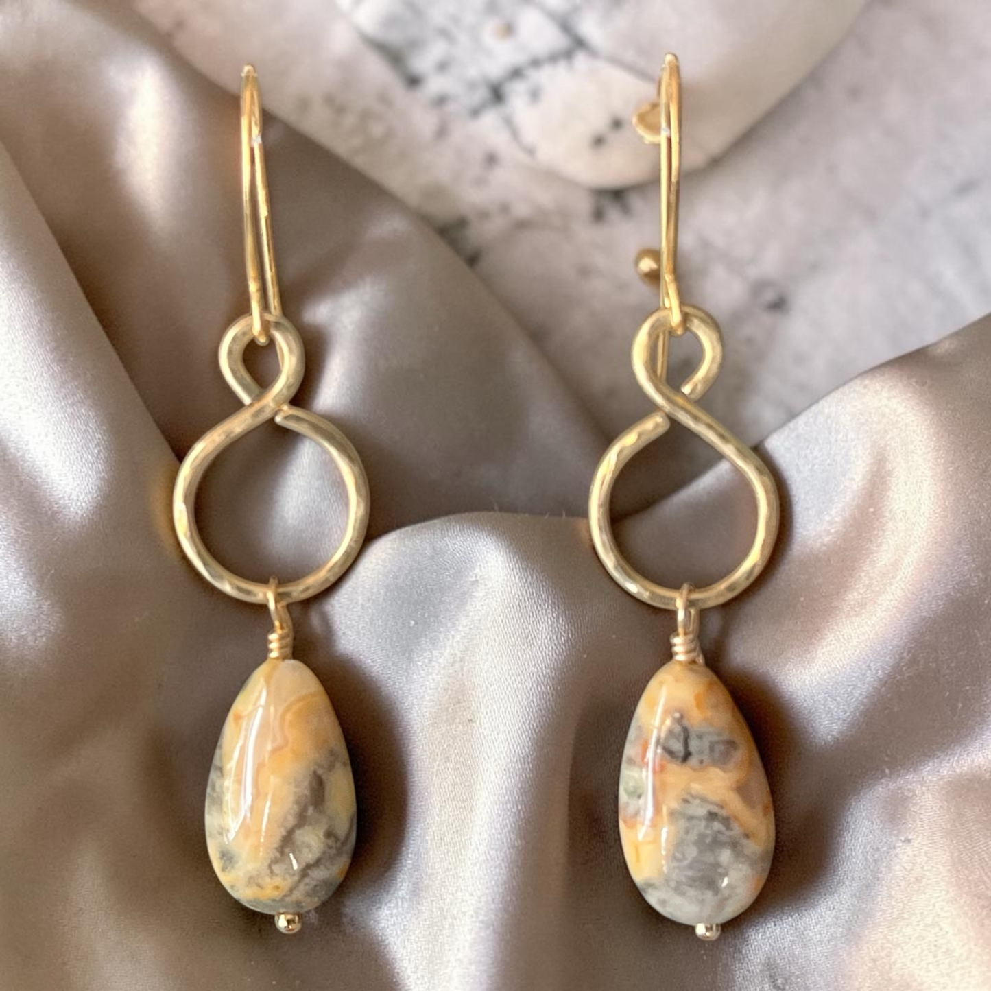 Crazy Lace Agate Hammered Dangles