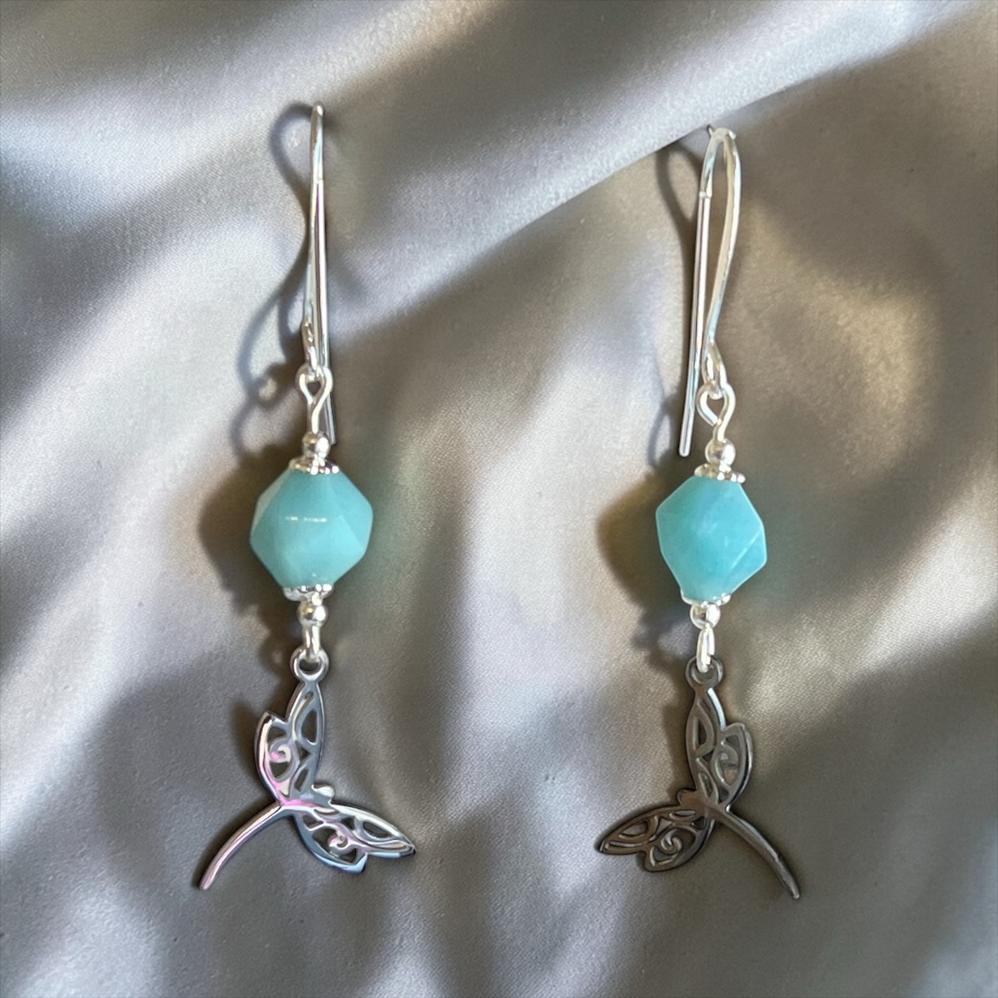 Pair of earrings with Amazonite beads and silver dragonfly charms 