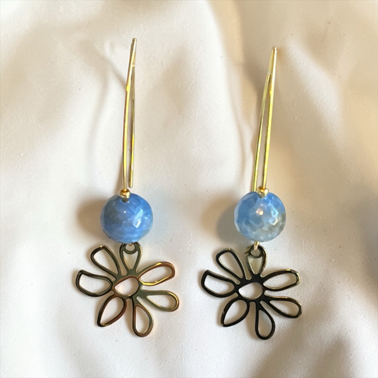 Cornflower Blue Agate and Daisy Earrings