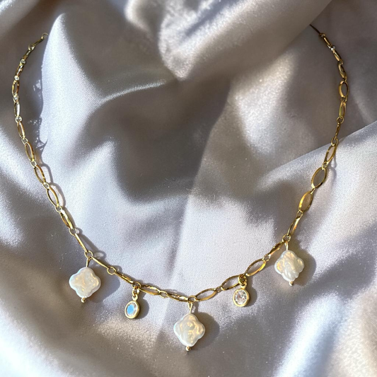Gold necklace with pearl and zirconia components, 16 inches with a 2 inch extender