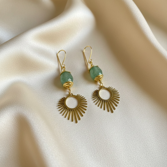 Green strawberry quartz bead earrings with gold sunburst charm 