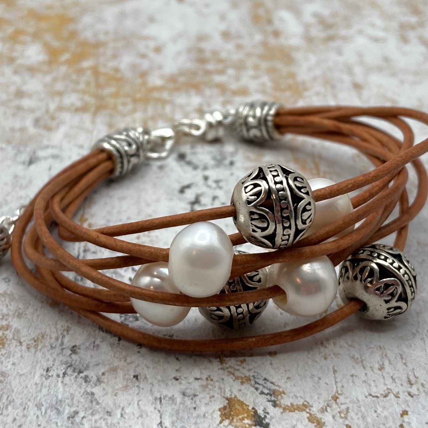 Multistrand Leather and Pearl Bracelet