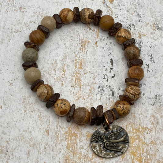 Agate & Wood Beaded Stretch Bracelet