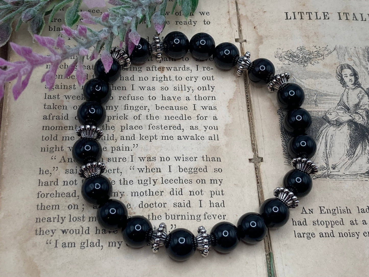 6mm Black Onyx beads and Indonesian-inspired spacer beads create a classic look. 