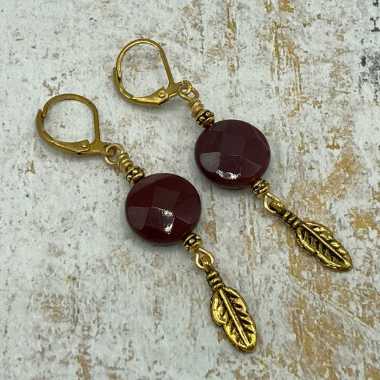 Faceted Mookaite coin lever back earrings with feather dangle. Coordinating necklace is sold separately.