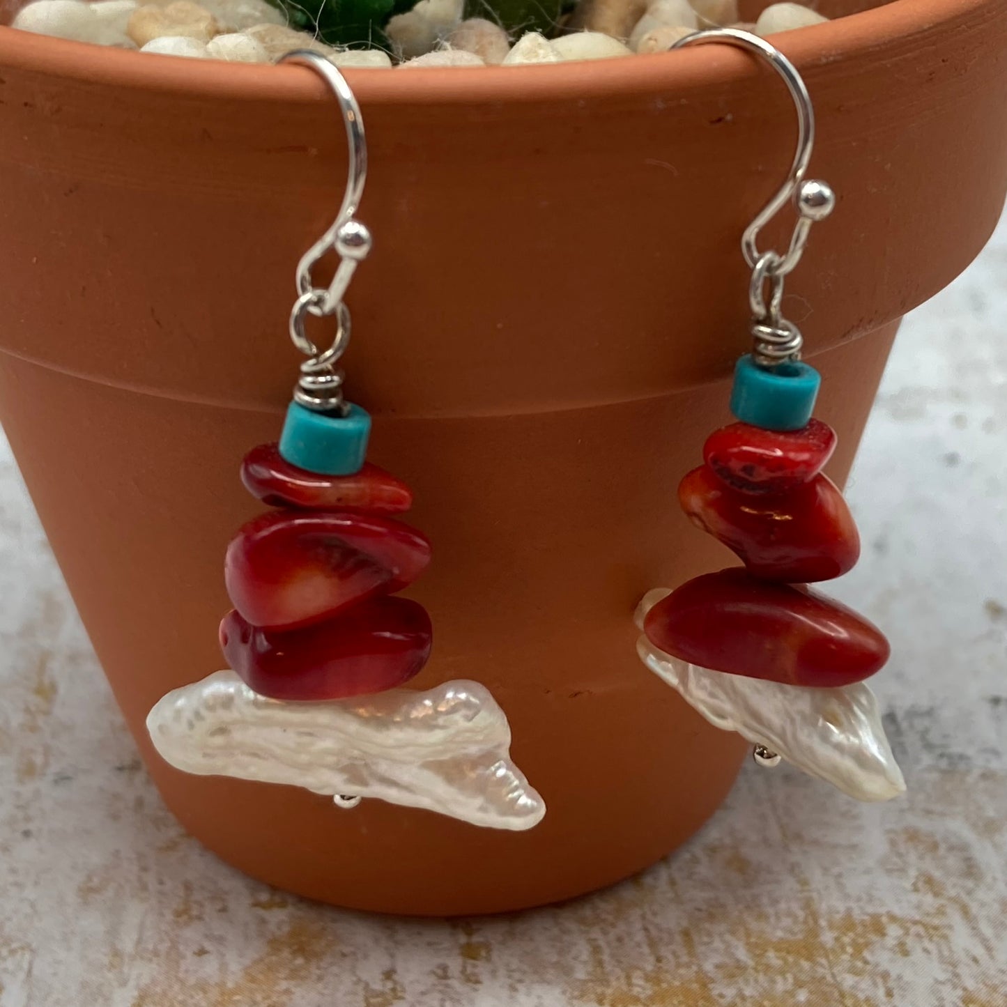 Coral, Turquoise and Pearl Earrings