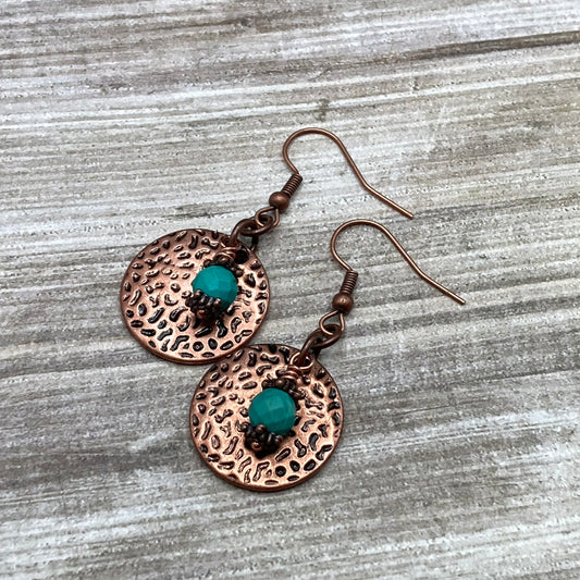 Hammered Copper and Turquoise Earrings