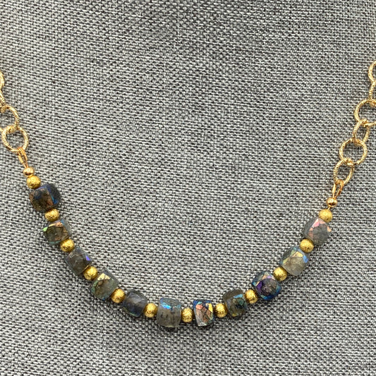 This necklace is made with Labradorite cube beads and gold spacers. The necklace is 20" long.